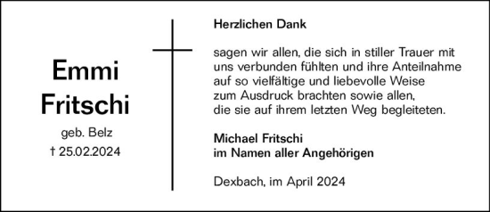 Traueranzeige von Emmi Fritschi von Hinterländer Anzeiger