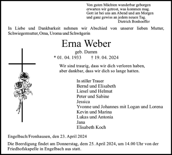 Traueranzeige von Erna Weber von Hinterländer Anzeiger