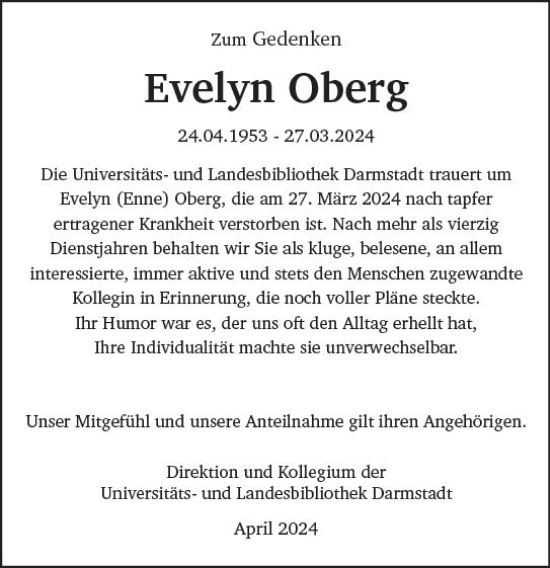 Traueranzeige von Evelyn Oberg von Darmstädter Echo