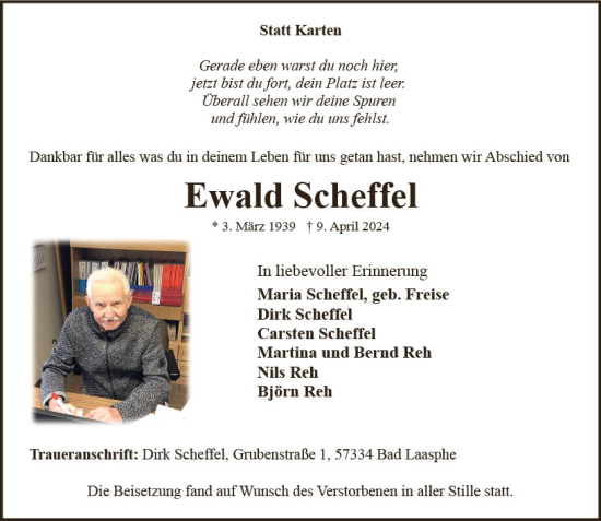Traueranzeige von Ewald Scheffel von Hinterländer Anzeiger