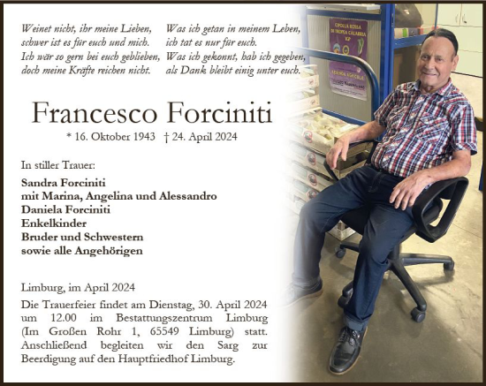 Traueranzeige von Francesco Forciniti von Nassauische Neue Presse