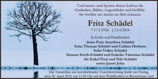 Traueranzeige von Fritz Schädel von Rüsselsheimer Echo