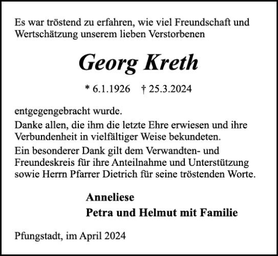 Traueranzeige von Georg Kreth von Darmstädter Echo