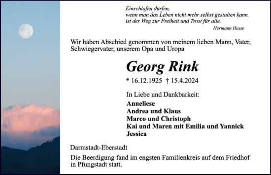 Traueranzeige von Georg Rink von Darmstädter Echo