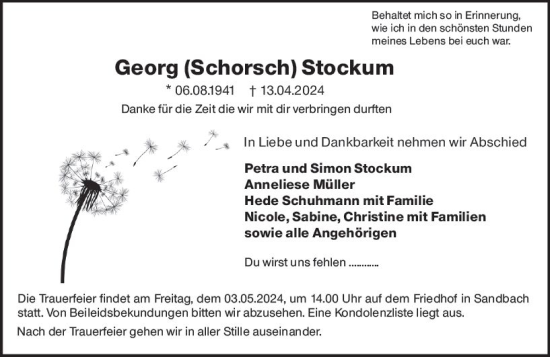 Traueranzeige von Georg  Stockum von Odenwälder Echo