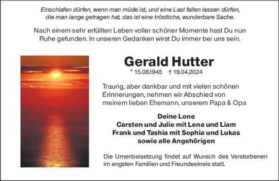 Traueranzeige von Gerald Hutter von Odenwälder Echo