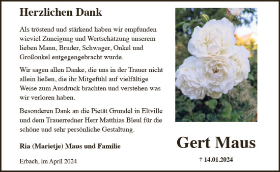 Traueranzeige von Gert Maus von Wiesbadener Kurier