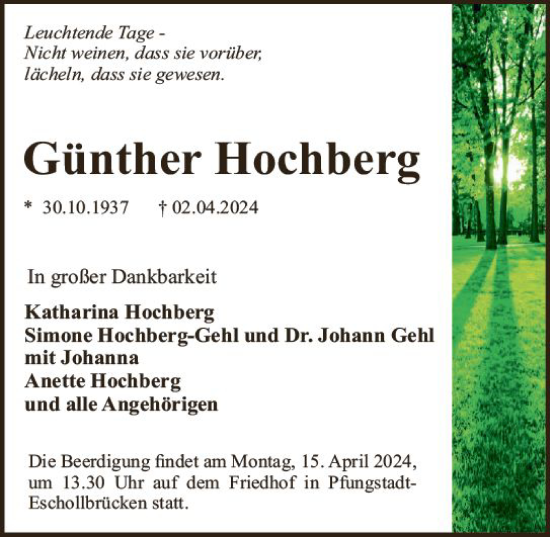 Traueranzeige von Günther Hochberg von Darmstädter Echo