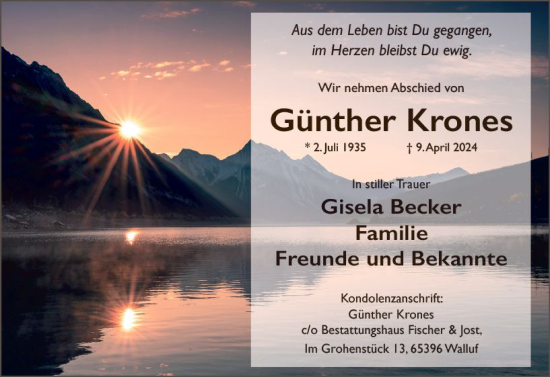 Traueranzeige von Günther Krones von Wiesbadener Kurier