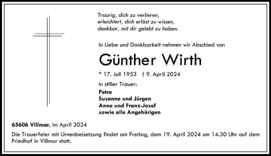 Traueranzeige von Günther Wirth von Nassauische Neue Presse