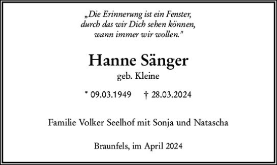 Traueranzeige von Hanne Sänger von Dill Block