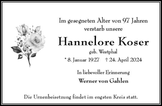 Traueranzeige von Hannelore Koser von Wiesbadener Kurier
