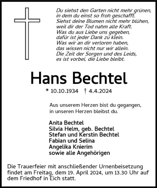 Traueranzeige von Hans Bechtel von Wormser Zeitung