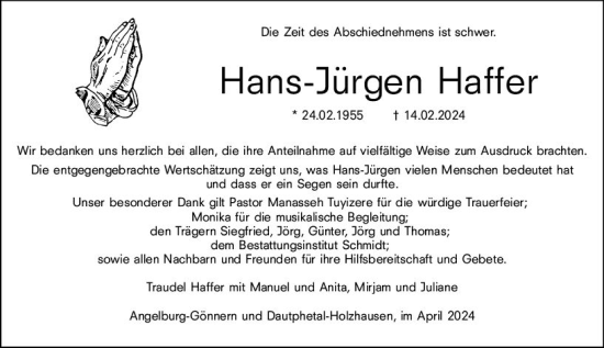 Traueranzeige von Hans-Jürgen Haffer von Hinterländer Anzeiger