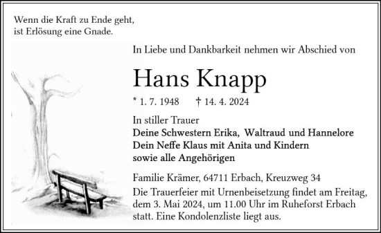 Traueranzeige von Hans Knapp von Odenwälder Echo