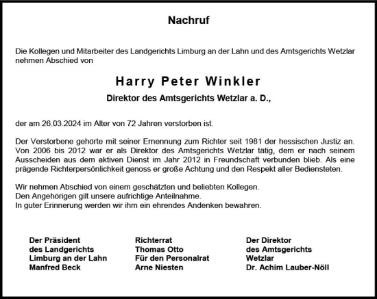Traueranzeige von Harry Peter Winkler von Wetzlarer Neue Zeitung