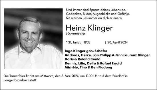 Traueranzeige von Heinz Klinger von Odenwälder Echo