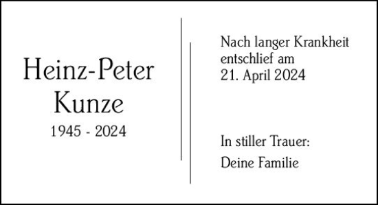 Traueranzeige von Heinz-Peter Kunze von Hinterländer Anzeiger