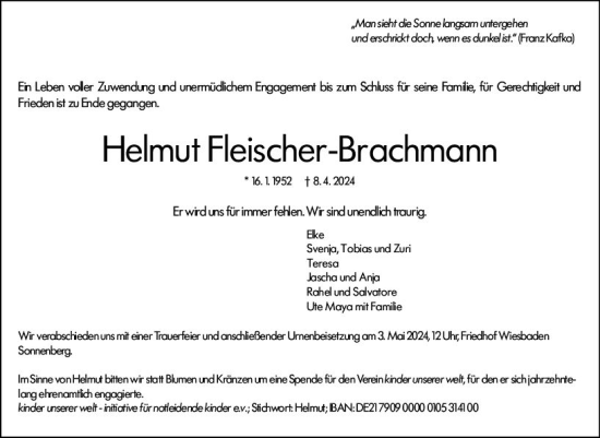 Traueranzeige von Helmut Fleischer-Brachmann von Wiesbadener Kurier