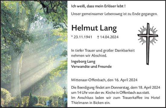 Traueranzeige von Helmut Lang von Dill Block