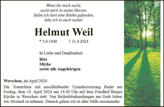 Traueranzeige von Helmut Weil von Camberger Anzeiger