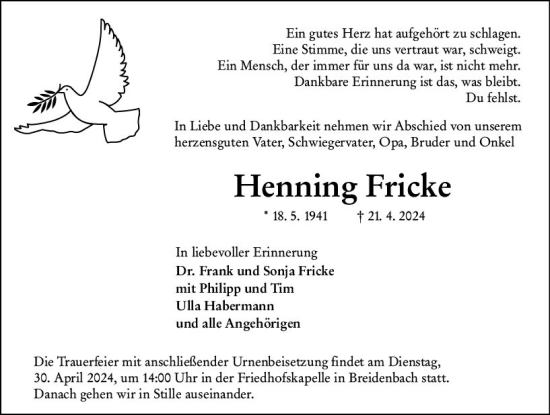 Traueranzeige von Henning Fricke von Hinterländer Anzeiger