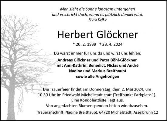 Traueranzeige von Herbert Glöckner von Odenwälder Echo