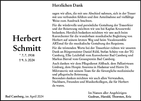 Traueranzeige von Herbert Schmitt von Camberger Anzeiger