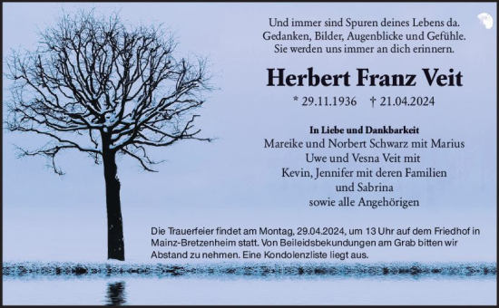 Traueranzeige von Herbert Franz Veit von Allgemeine Zeitung Mainz