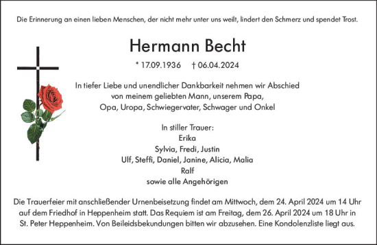 Traueranzeige von Hermann Becht von Starkenburger Echo
