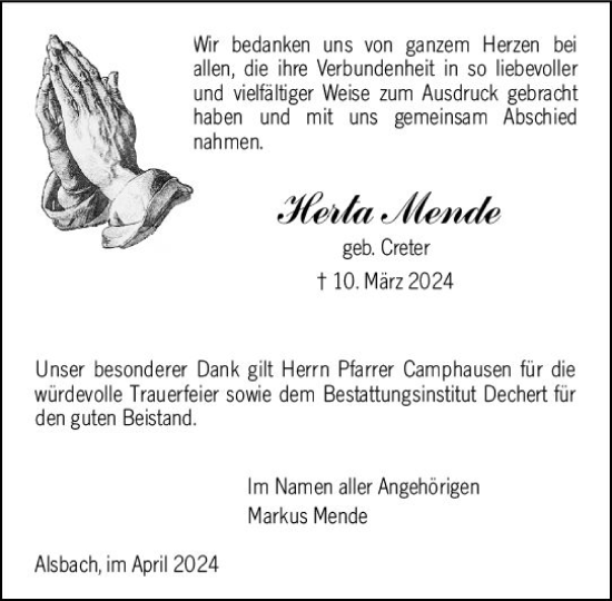 Traueranzeige von Herta Mende von Darmstädter Echo