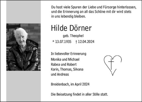 Traueranzeige von Hilde Dörner von Hinterländer Anzeiger