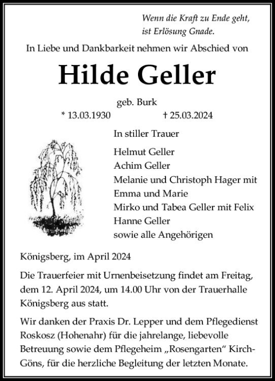 Traueranzeige von Hilde Geller von Wetzlarer Neue Zeitung