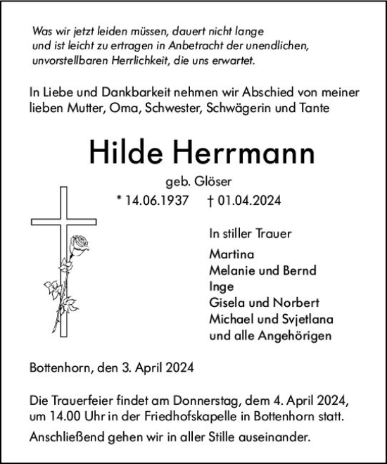 Traueranzeige von Hilde Herrmann von Hinterländer Anzeiger
