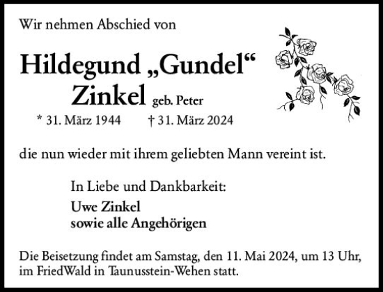 Traueranzeige von Hildegund Zinkel von Wiesbadener Kurier