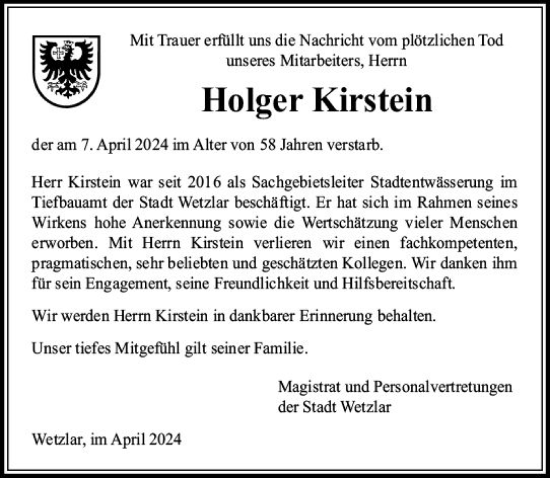 Traueranzeige von Holger Kirstein von Wetzlarer Neue Zeitung