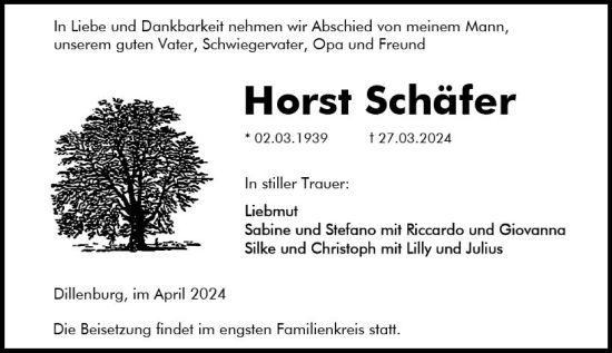 Traueranzeige von Horst Schäfer von Dill Block