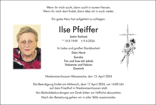 Traueranzeige von Ilse Pfeiffer von Hinterländer Anzeiger