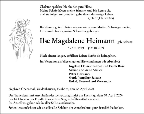 Traueranzeige von Ilse Magdalene Heimann von Dill Block