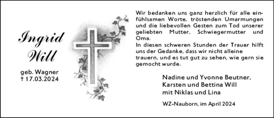 Traueranzeige von Ingrid Will von Wetzlarer Neue Zeitung