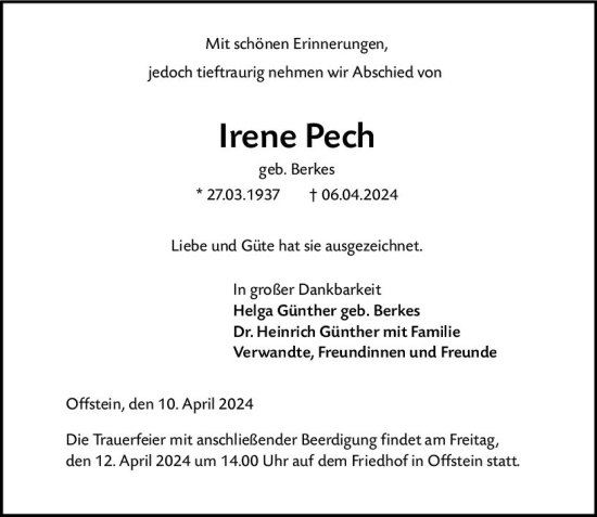 Traueranzeige von Irene Pech von Wormser Zeitung