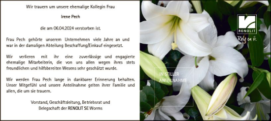 Traueranzeige von Irene Pech von Wormser Zeitung