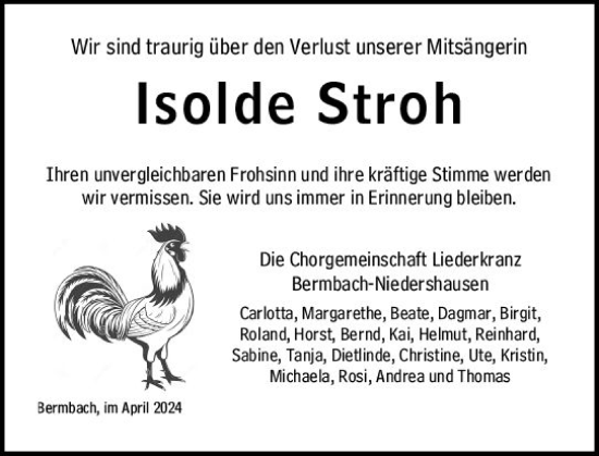 Traueranzeige von Isolde Stroh von Weilburger Tageblatt