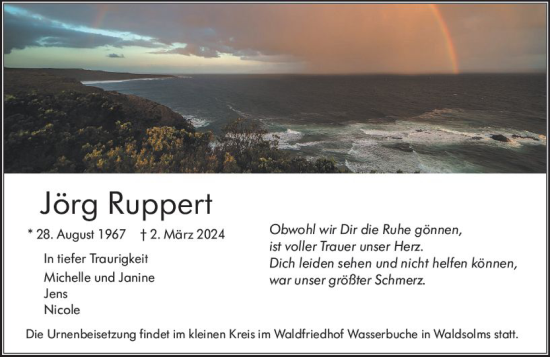 Traueranzeige von Jörg Ruppert von Wetzlarer Neue Zeitung