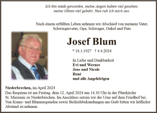 Traueranzeige von Josef Blum von Nassauische Neue Presse