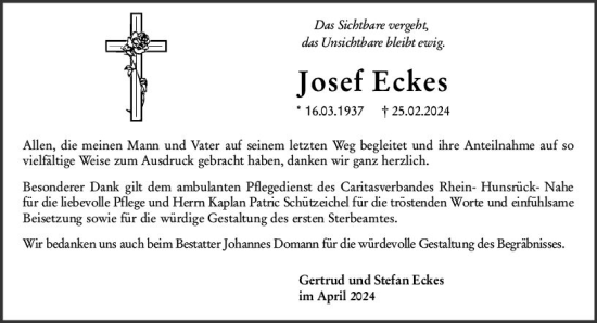Traueranzeige von Josef Eckes von Allgemeine Zeitung Bad Kreuznach