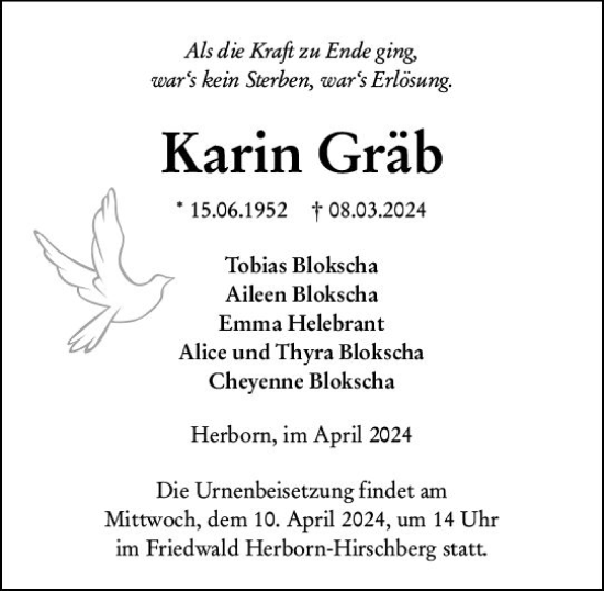 Traueranzeige von Karin Gräb von Dill Block