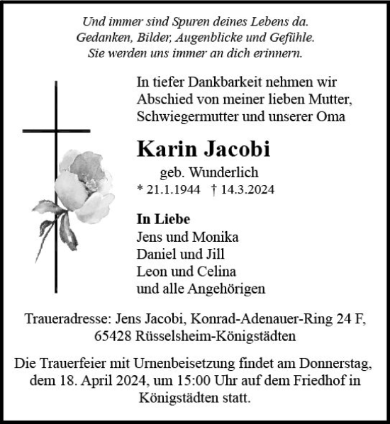 Traueranzeige von Karin Jacobi von Rüsselsheimer Echo
