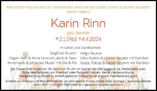 Traueranzeige von Karin Rinn von Wetzlarer Neue Zeitung