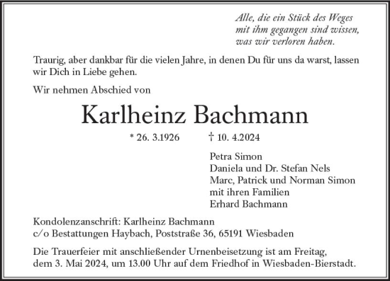 Traueranzeige von Karlheinz Bachmann von Wiesbadener Kurier